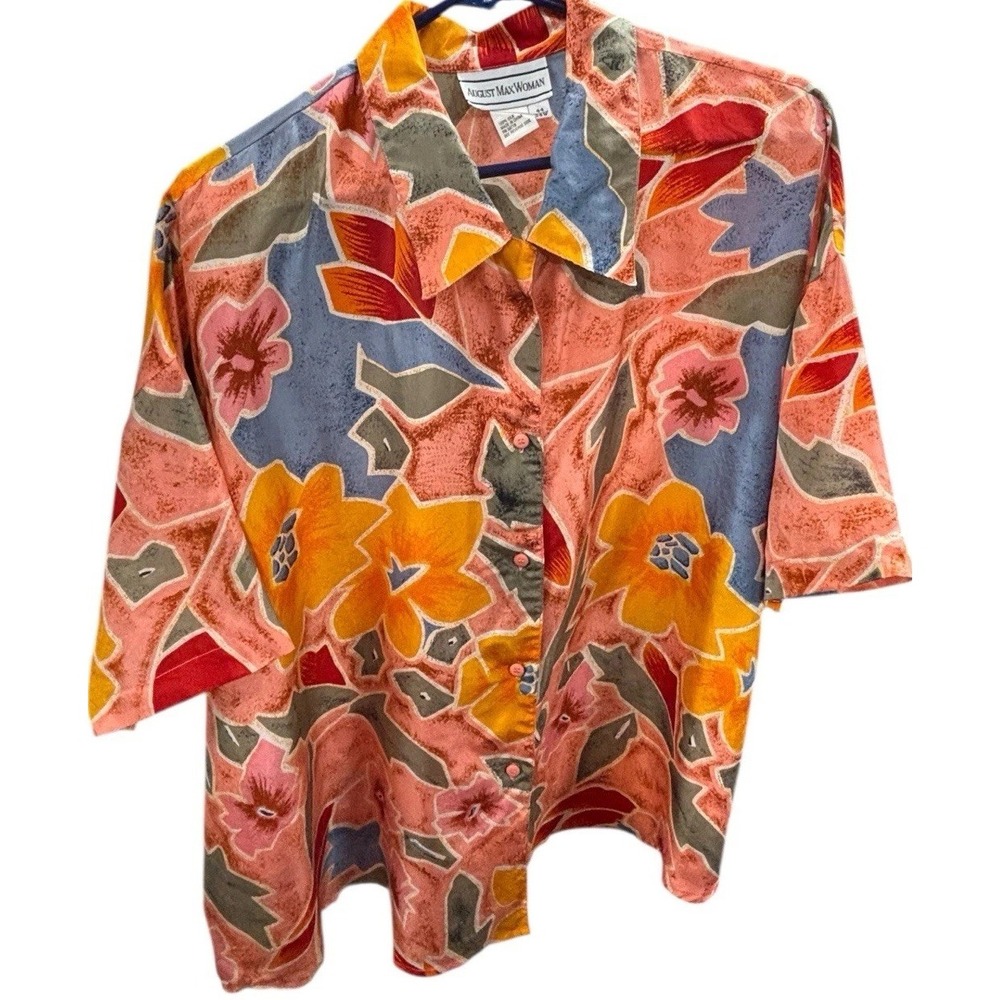 Vintage 100% Silk Floral Women's Short Sleeve Blouse SZ 24W by August Max Woman